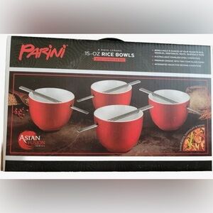 Parini Set of 4 - 15 Oz Ceramic Glazed Rice Bowls & Stainless Steel Chopsticks